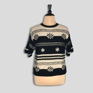 Vintage Liz & Co Knit Sweater Floral Black Cream Large
